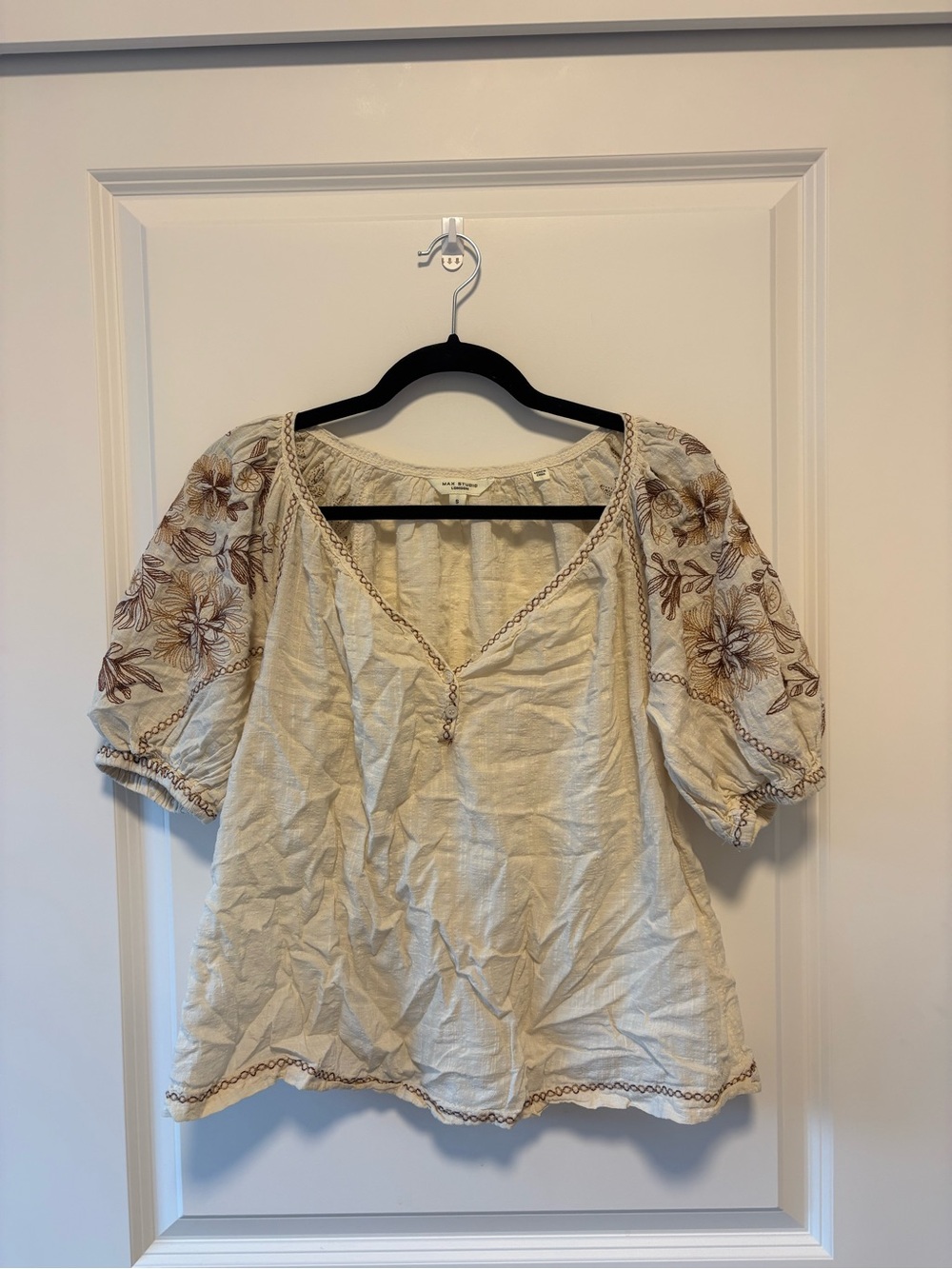 Max Studio Cream Boho Embroidered Puff-Sleeve Tunic